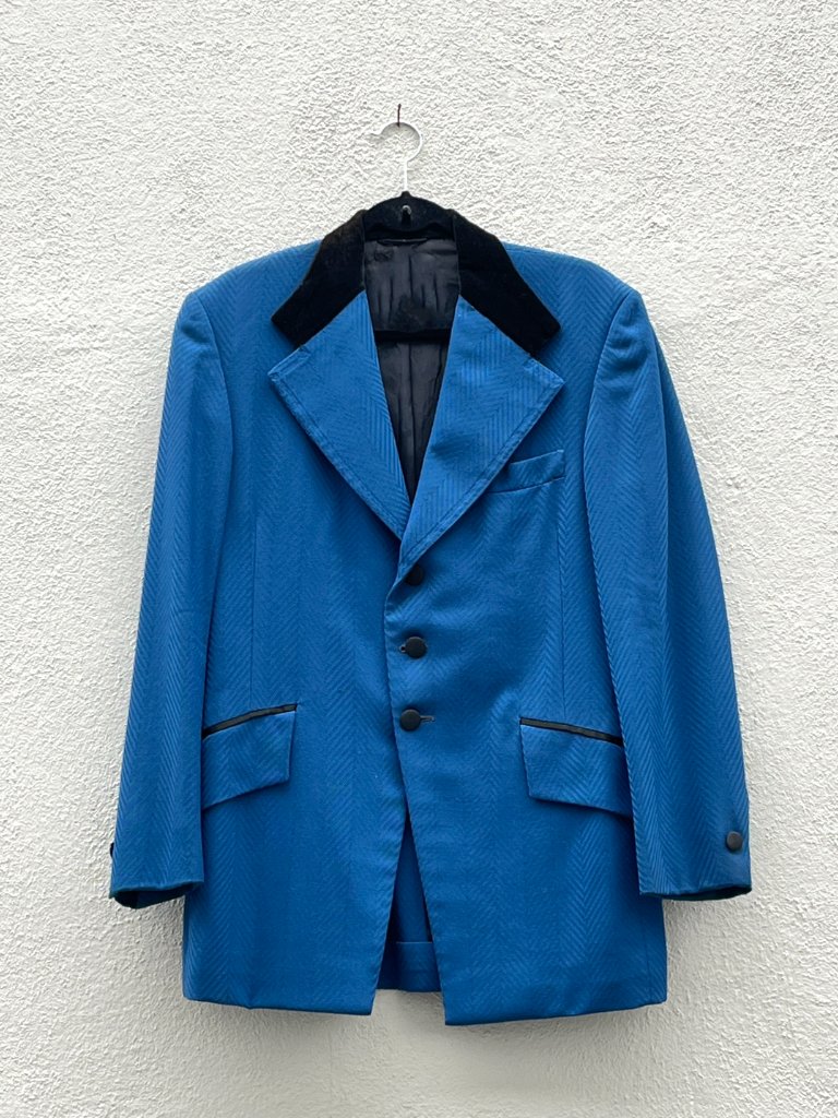 Vintage 60s 70s Prince Edward Blue Herringbone Black Velvet Tuxedo Jacket 38r